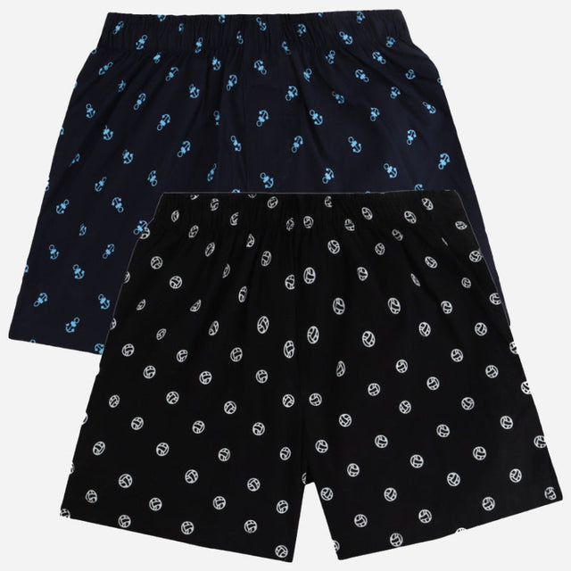 Set of two boys' printed boxers in black and navy with elastic waistband and all-over patterns