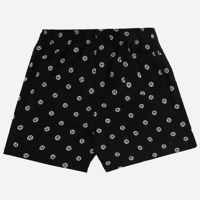 Black kids innerwear shorts with white geometric dot print, elastic waistband, flat lay