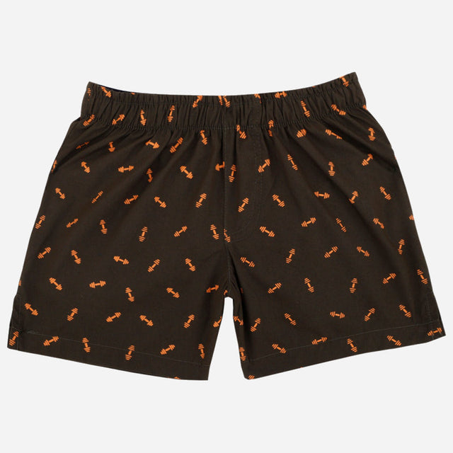 Kids brown boxer shorts with orange cartoon print, elastic waistband, comfortable fit