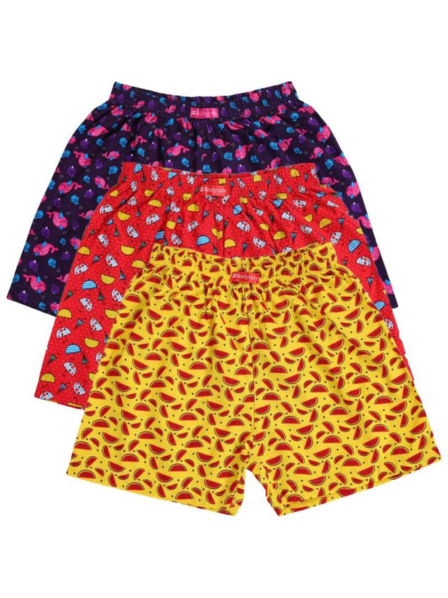 Kids innerwear multipack with colorful fruit and cupcake prints on shorts