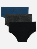 Kids innerwear multipack with blue, grey, and black cotton briefs on white background