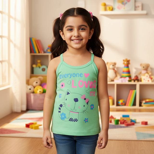 Smiling girl wearing green kids camisole with cat print and 'everyone loves me' text, in playroom.