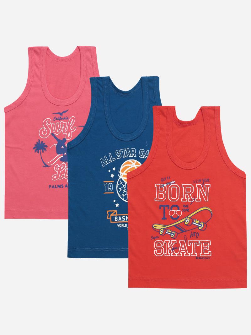 Kids sleeveless innerwear multipack with surf, basketball, and skate designs in pink, blue, and red
