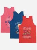 Kids sleeveless innerwear multipack with surf, basketball, and skate designs in pink, blue, and red