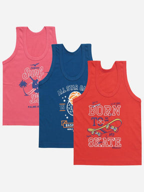 Kids sleeveless innerwear multipack with surf, basketball, and skate designs in pink, blue, and red
