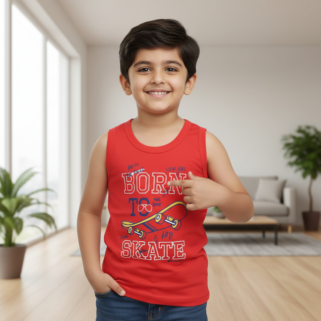 Smiling boy in red sleeveless kids vest with 'Born to Skate' print in a bright living room