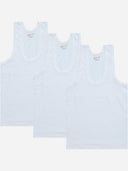 Set of three white sleeveless kids innerwear vests, front view on plain background