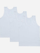 Three white sleeveless kids innerwear vests arranged side by side on a plain background
