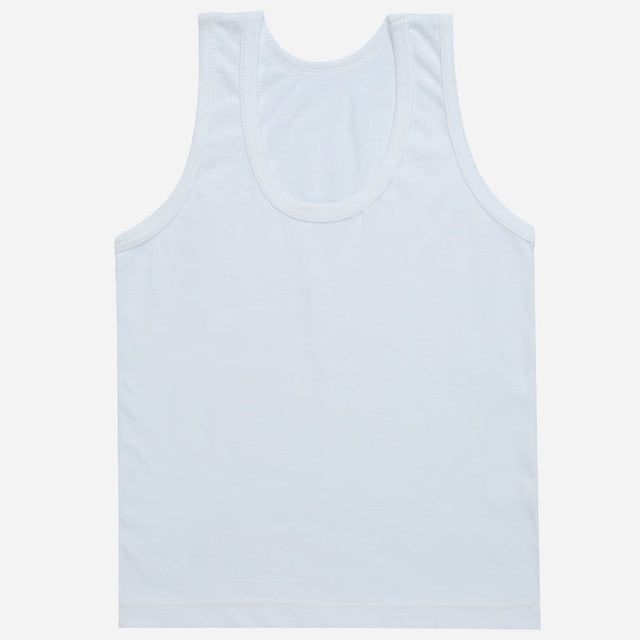 Plain white sleeveless cotton kids vest innerwear with round neckline on white background