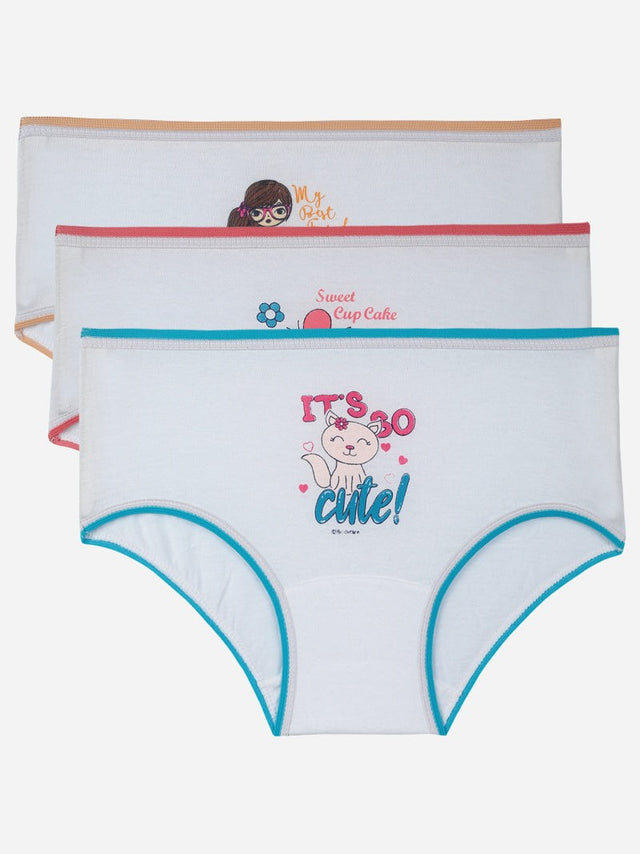 Pack of three girls' printed cotton innerwear briefs with colorful trims and cute cartoon designs