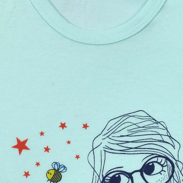 Light blue kids innerwear with printed girl face, stars, and bee graphic design