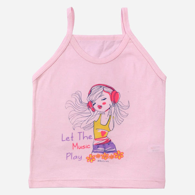 Pink girls camisole with cartoon girl in headphones and 'Let The Music Play' text print
