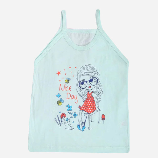 Light blue girls' camisole with cartoon girl graphic, butterflies, and 'Nice Day' text