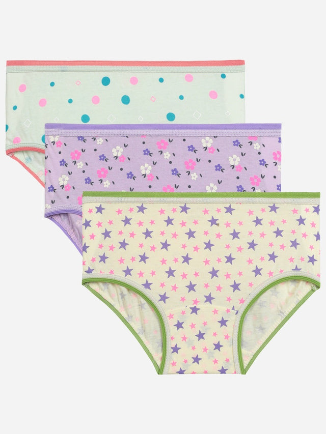 Girls' innerwear multipack with polka dots, floral, and stars prints in pastel colors