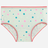 Light green kids' underwear with blue and pink polka dots and pink trim, innerwear apparel