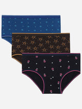 Set of three girls' cotton briefs with floral prints in blue and black colors