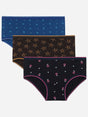 Set of three girls' cotton briefs with floral prints in blue and black colors