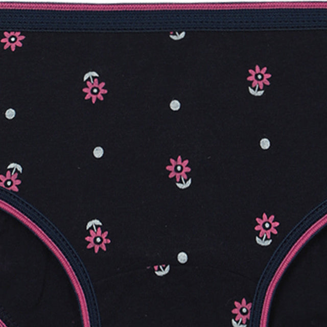 Girls' navy blue cotton underwear with pink floral print and pink trim details