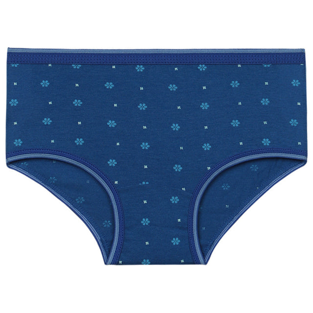 Blue girls' cotton brief with small floral print, comfortable kids innerwear