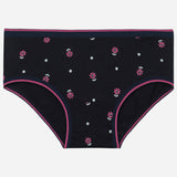 Girls black cotton brief with pink flower print and polka dots, comfortable kids innerwear