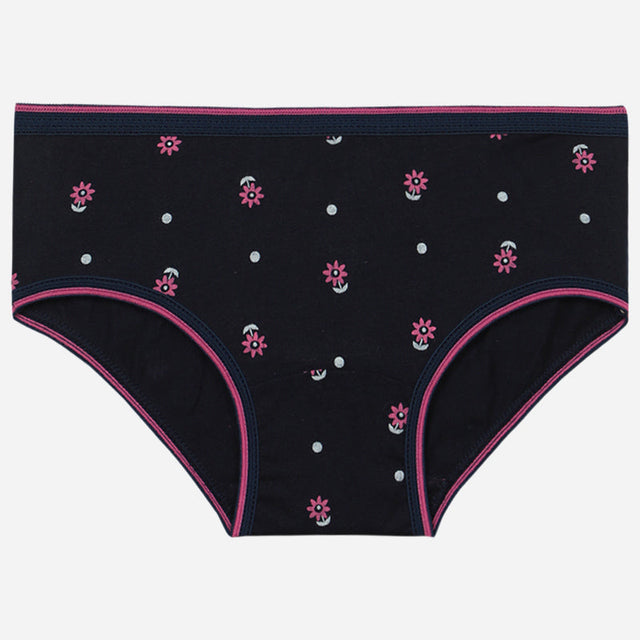 Girls black cotton brief with pink flower print and polka dots, comfortable kids innerwear