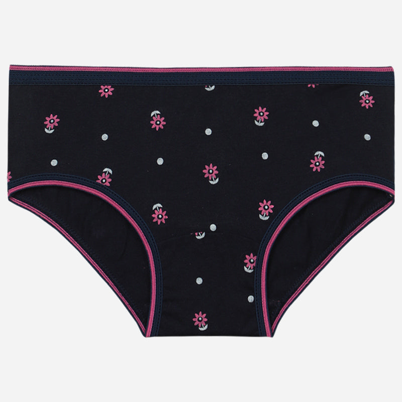 Girls black cotton brief with pink flower print and polka dots, comfortable kids innerwear