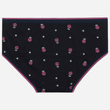 Girls' black cotton underwear with pink floral and white polka dot print, soft fabric.