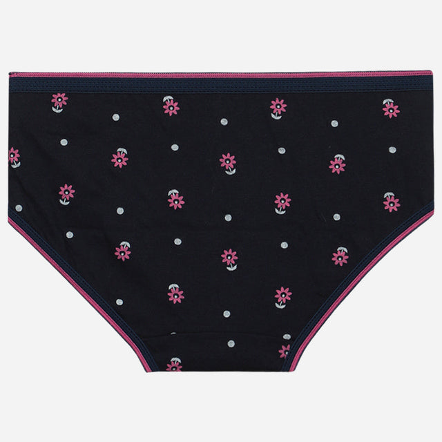 Girls' black cotton underwear with pink floral and white polka dot print, soft fabric.