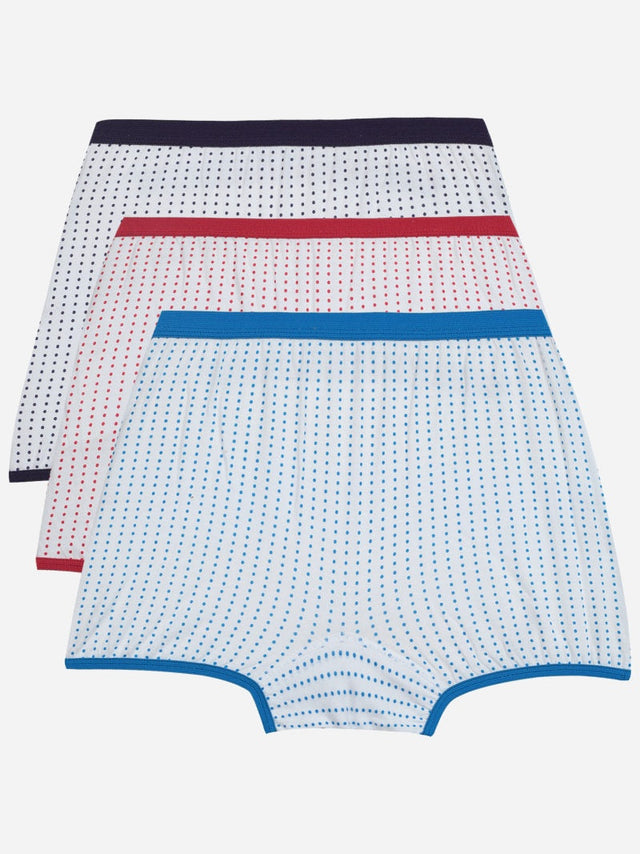 Kids dotted innerwear briefs multipack in blue, red, and black waistbands on white background