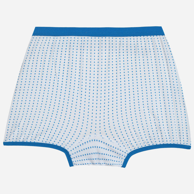 White kids underwear with blue polka dots and blue trim, comfortable fit innerwear