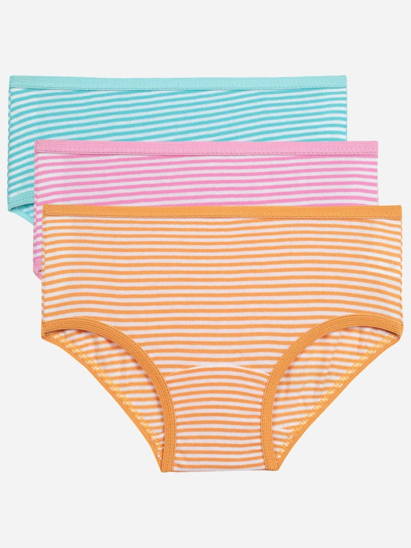 Set of three girls' striped cotton panties in orange, pink, and blue, displayed flat