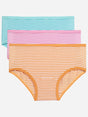 Set of three girls' striped cotton panties in orange, pink, and blue, displayed flat