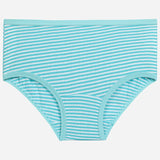 Aqua blue striped kids' cotton underwear, soft fabric, comfortable elastic waistband.