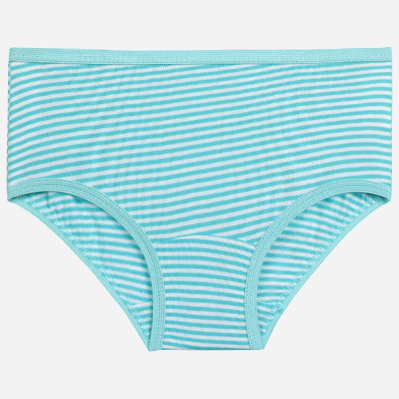 Aqua blue striped kids' cotton underwear, soft fabric, comfortable elastic waistband.