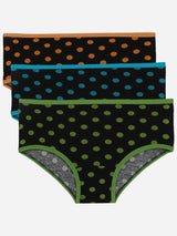 Set of three kids' black polka dot underwear with colorful waistbands and trims