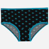 Girls’ black cotton underwear with blue polka dots and blue trim, kids innerwear