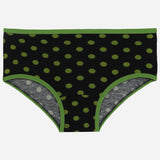 Black kids underwear with green polka dots and green trim, soft and comfortable innerwear