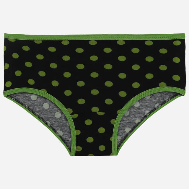 Black kids underwear with green polka dots and green trim, soft and comfortable innerwear