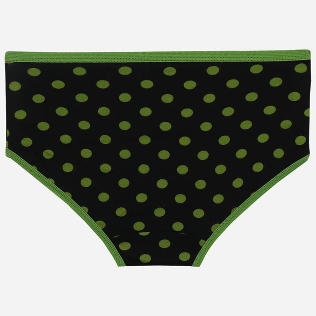 Black kids' underwear with green polka dots and green trim, front view, on white background