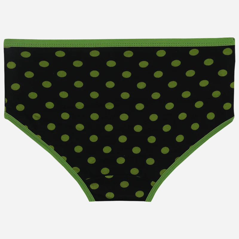 Black kids' underwear with green polka dots and green trim, front view, on white background