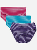 Assorted kids striped innerwear briefs in purple, blue, and pink colors, front view.