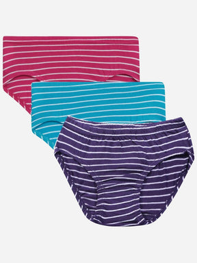 Assorted kids striped innerwear briefs in purple, blue, and pink colors, front view.