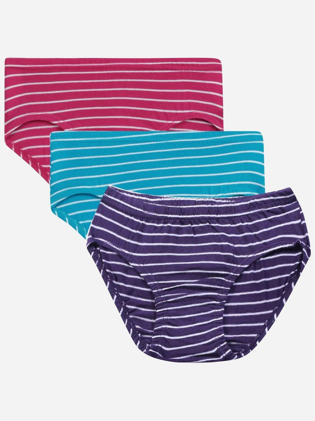 Assorted kids striped innerwear briefs in purple, blue, and pink colors, front view.