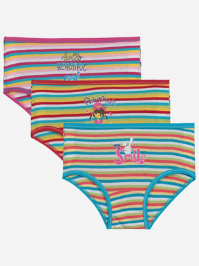 Colorful striped girls underwear multipack with cute prints and soft elastic trims.