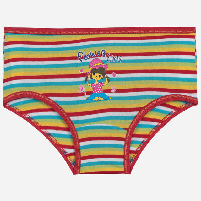 Colorful striped girls' underwear with cartoon graphic and 'Flower Girls' text on front