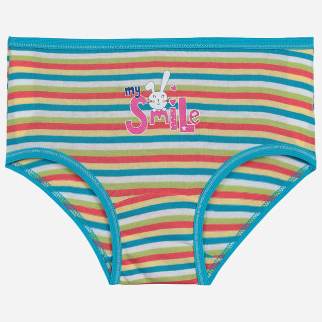 Girls' striped cotton underwear with teal trim and 'my Smile' bunny graphic on front