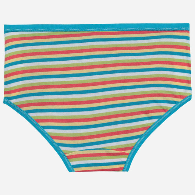 Kids striped underwear with multicolor horizontal lines and blue trim on white background