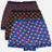 Set of three kids' innerwear shorts in purple, black, and blue with floral patterns