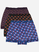 Set of three kids' innerwear shorts in purple, black, and blue with floral patterns