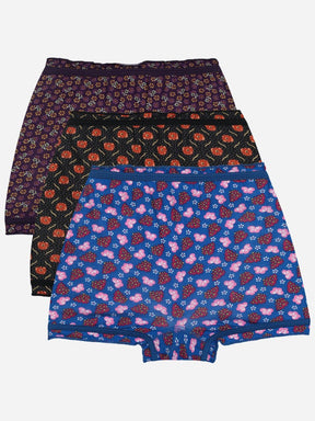 Set of three kids' innerwear shorts in purple, black, and blue with floral patterns